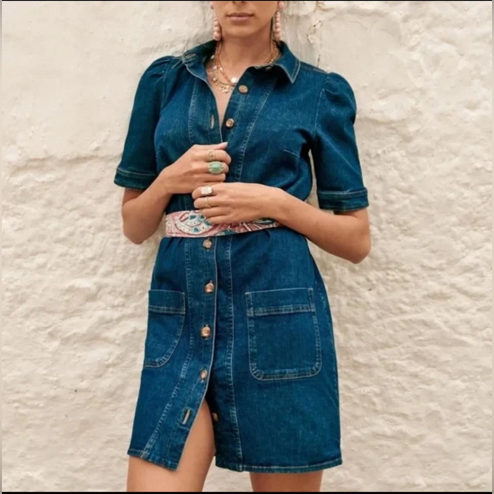 Sezane Dark Blue Denim Button-Front Mini Dress - Picture 2 of 7